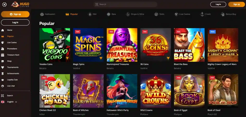 Hugo Casino spilleautomater og kampagnetilbud