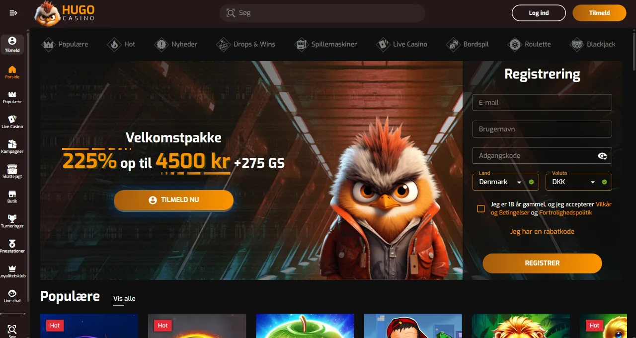 Hugo Casino hovedside med spil og bonus